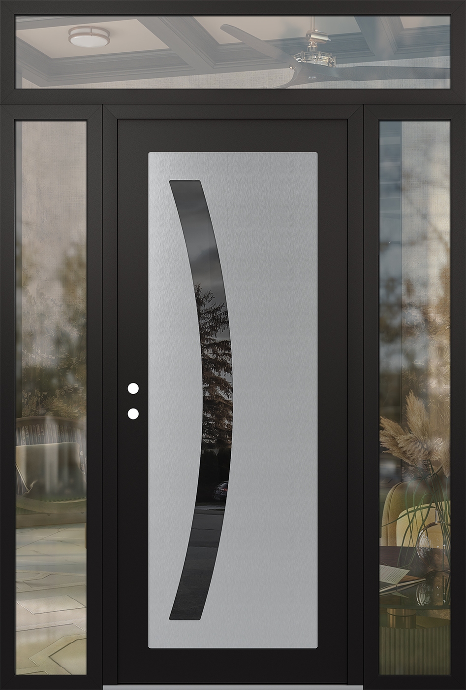 Modern Steel Front Door Diamond C4 60" x 96" black/black mirrored Glass Panel stainless steel RHI with 2 Sidelites and Transom clear Glass