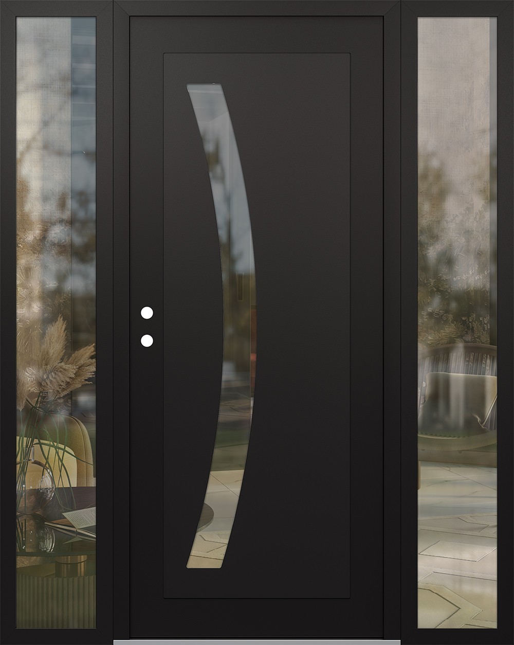Modern Steel Front Door Diamond C4 64" x 80" black/black clear Glass Panel black RHI with 2 Sidelites clear Glass
