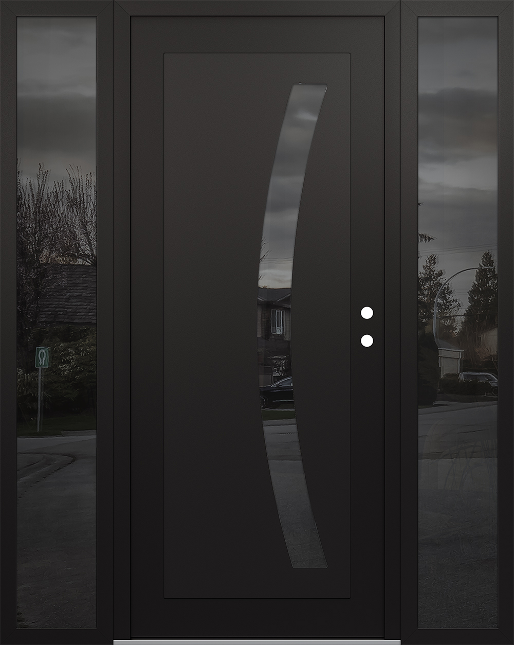 Modern Steel Front Door Diamond C4 64" x 80" black/black mirrored Glass Panel black LHI with 2 Sidelites mirrored Glass