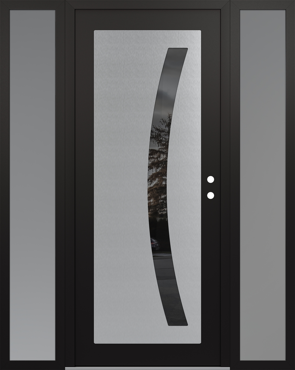 Modern Steel Front Door Diamond C4 64" x 80" black/black mirrored Glass Panel stainless steel LHI with 2 Sidelites frosted Glass