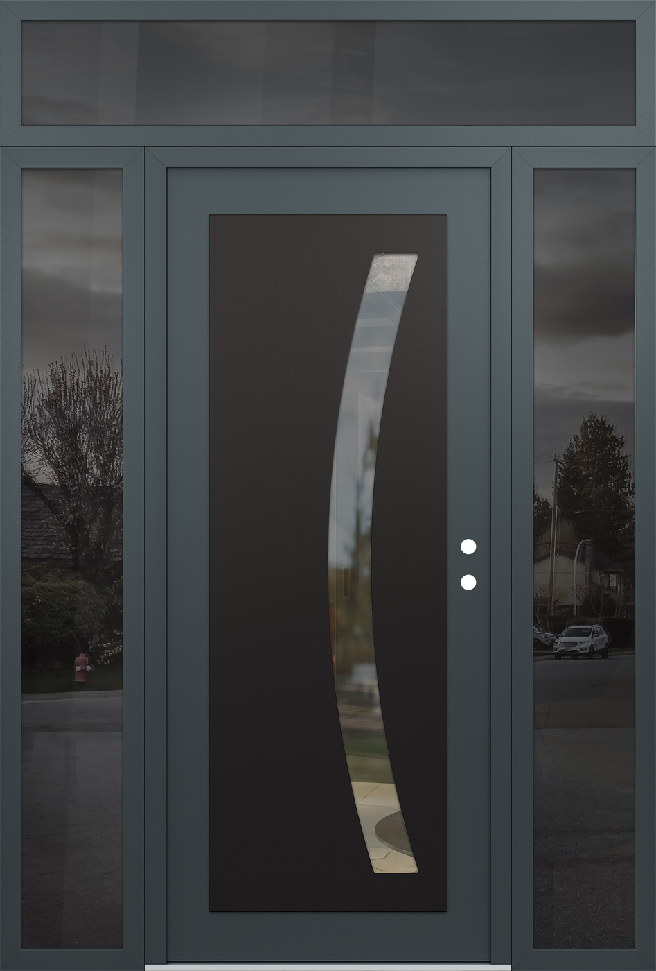 Modern Steel Front Door Diamond C4 64" x 96" anthracite/anthracite clear Glass Panel black LHI with 2 Sidelites and Transom mirrored Glass