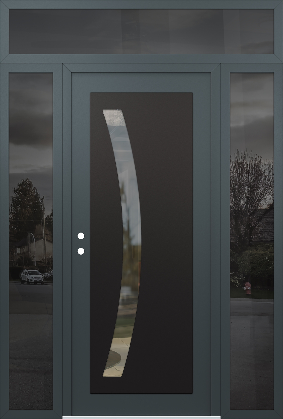 Modern Steel Front Door Diamond C4 64" x 96" anthracite/anthracite clear Glass Panel black RHI with 2 Sidelites and Transom mirrored Glass