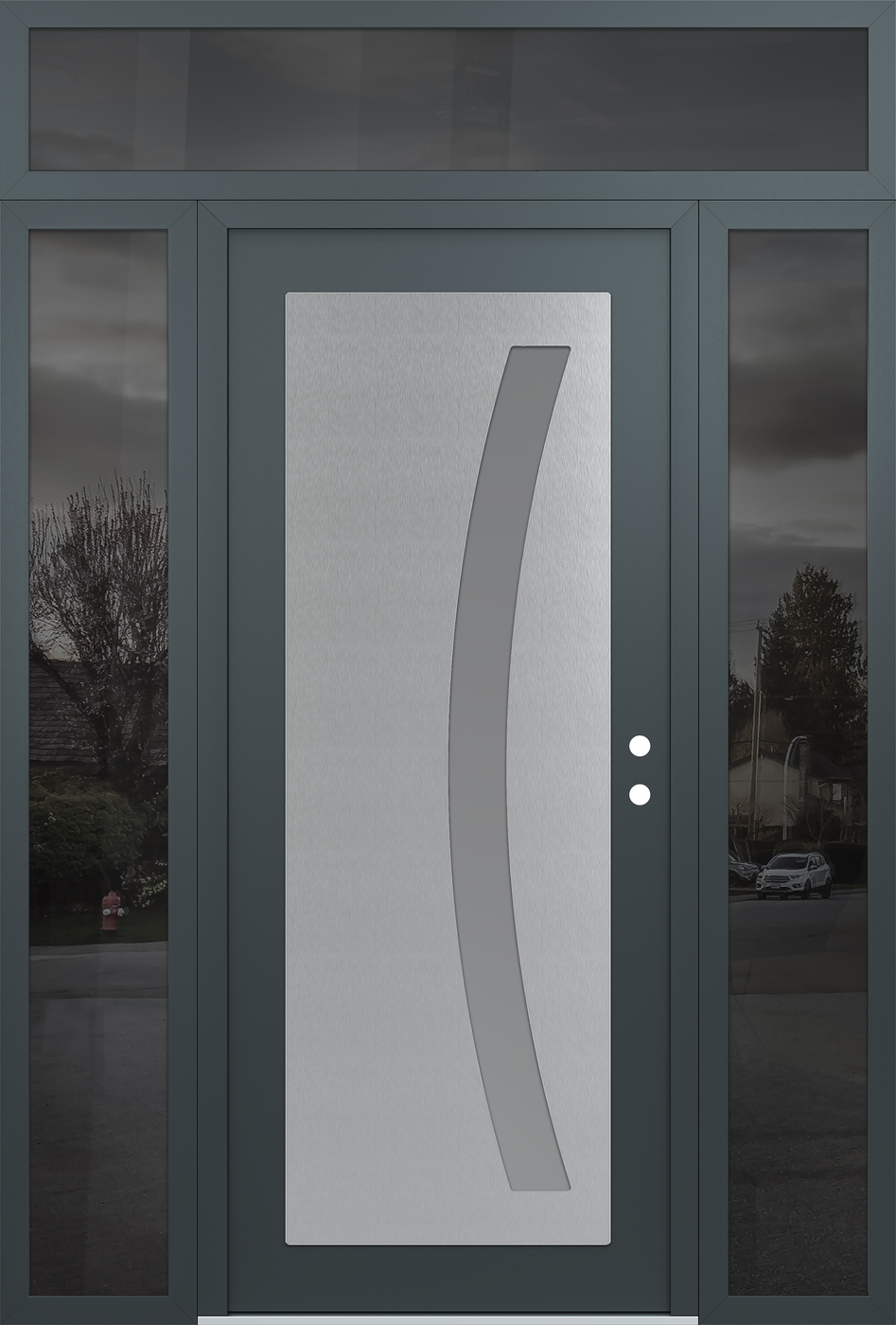 Modern Steel Front Door Diamond C4 64" x 96" anthracite/anthracite frosted Glass Panel stainless steel LHI with 2 Sidelites and Transom mirrored Glass