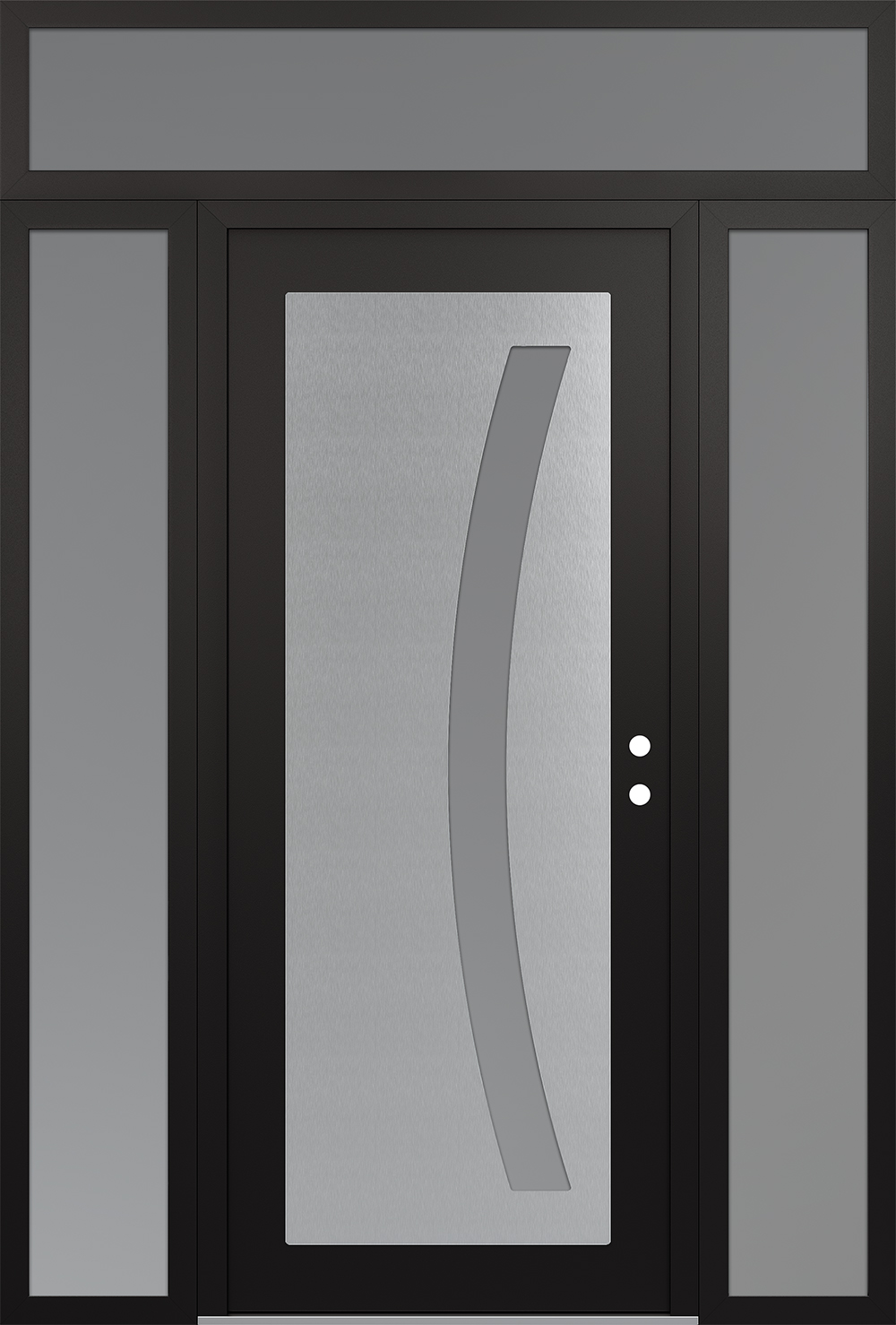 Modern Steel Front Door Diamond C4 64" x 96" black/white frosted Glass Panel stainless steel LHI with 2 Sidelites and Transom frosted Glass