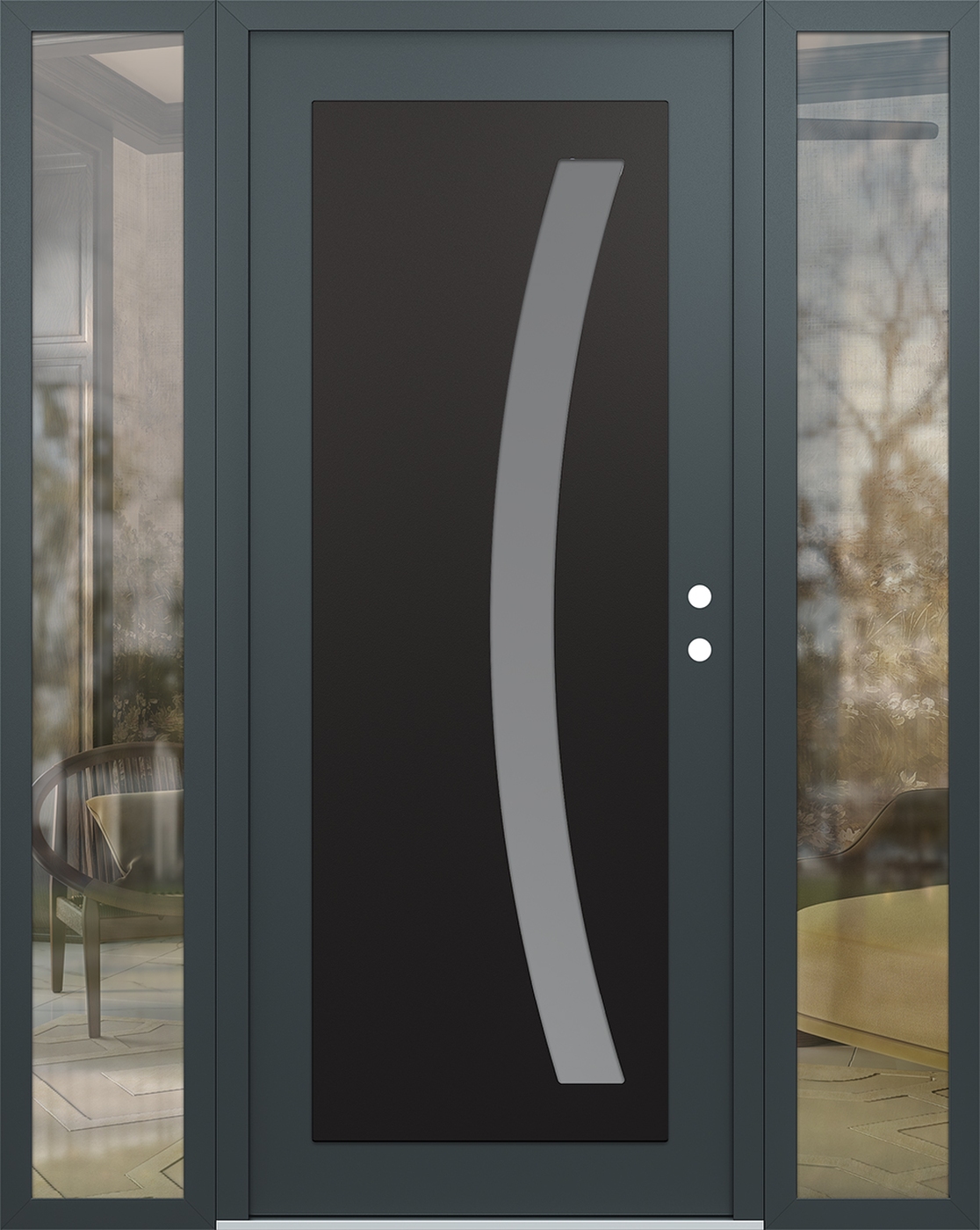 Modern Steel Front Door Diamond C4 68" x 80" anthracite/anthracite frosted Glass Panel black LHI with 2 Sidelites clear Glass