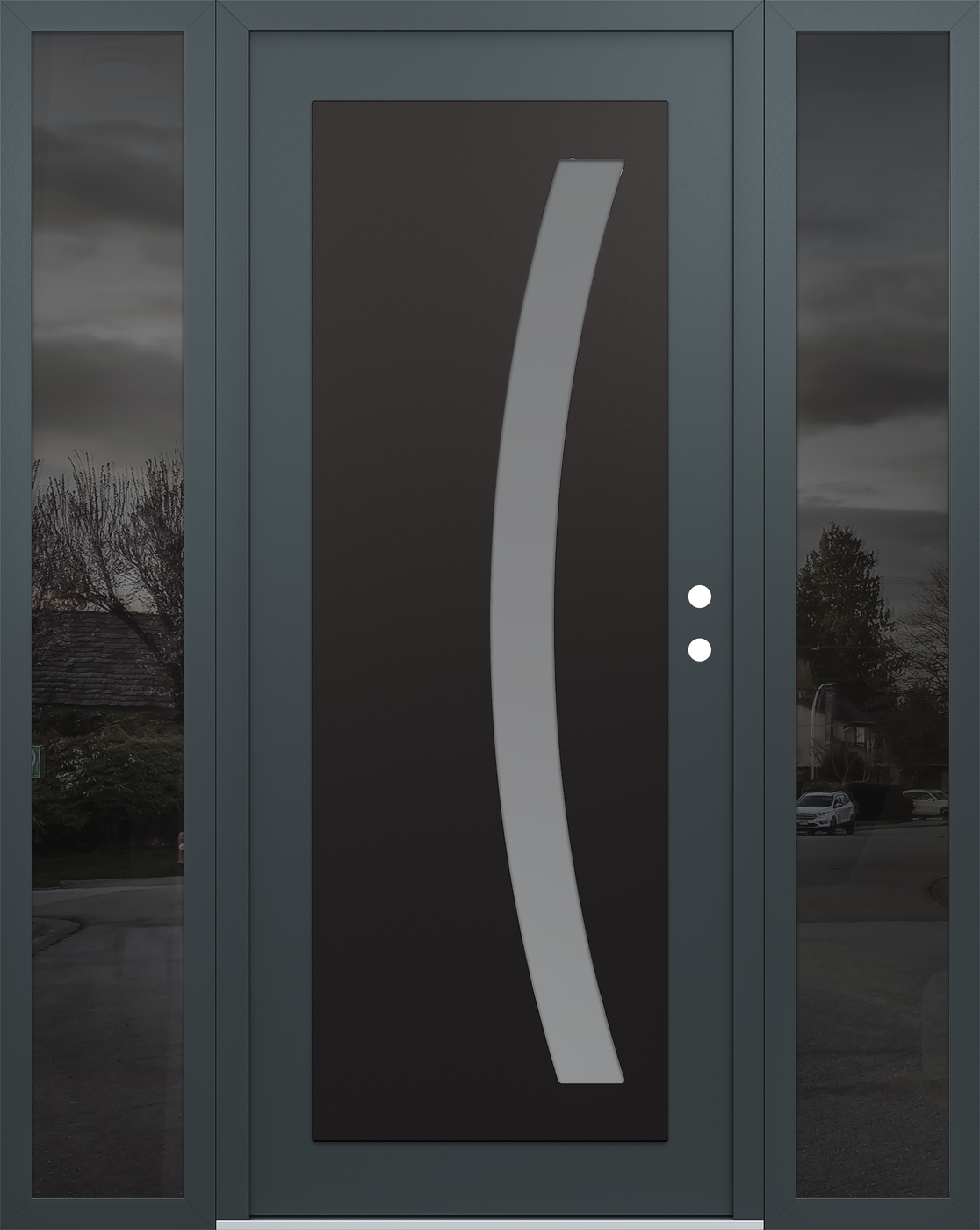 Modern Steel Front Door Diamond C4 68" x 80" anthracite/anthracite frosted Glass Panel black LHI with 2 Sidelites mirrored Glass