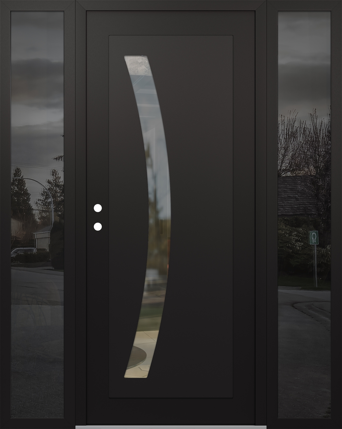 Modern Steel Front Door Diamond C4 68" x 80" black/black clear Glass Panel black RHI with 2 Sidelites mirrored Glass