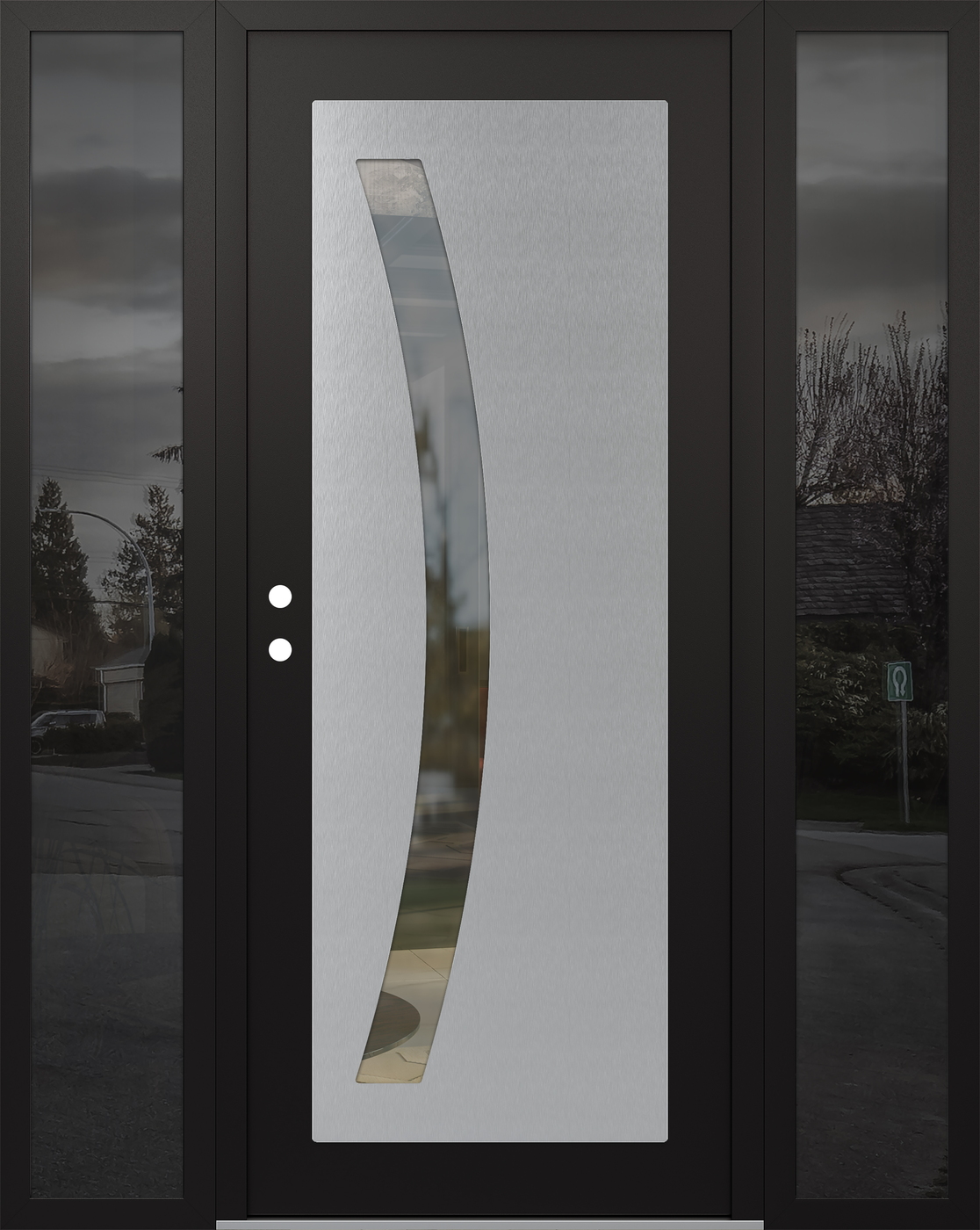 Modern Steel Front Door Diamond C4 68" x 80" black/black clear Glass Panel stainless steel RHI with 2 Sidelites mirrored Glass