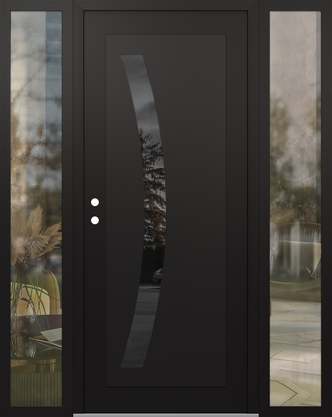 Modern Steel Front Door Diamond C4 68" x 80" black/black mirrored Glass Panel black RHI with 2 Sidelites clear Glass