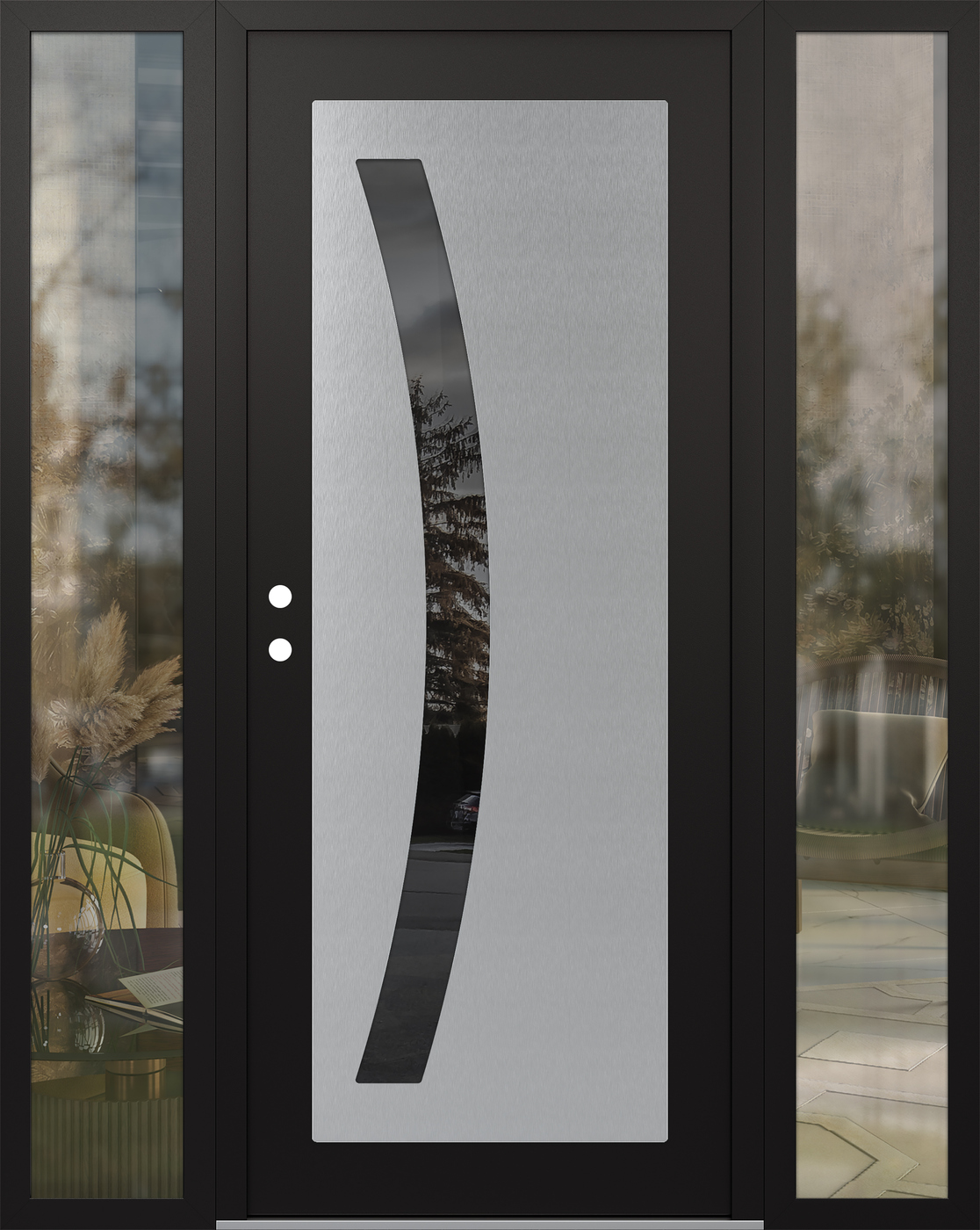 Modern Steel Front Door Diamond C4 68" x 80" black/black mirrored Glass Panel stainless steel RHI with 2 Sidelites clear Glass