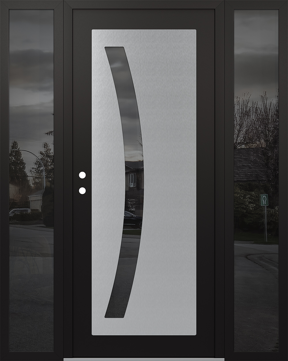 Modern Steel Front Door Diamond C4 68" x 80" black/black mirrored Glass Panel stainless steel RHI with 2 Sidelites mirrored Glass