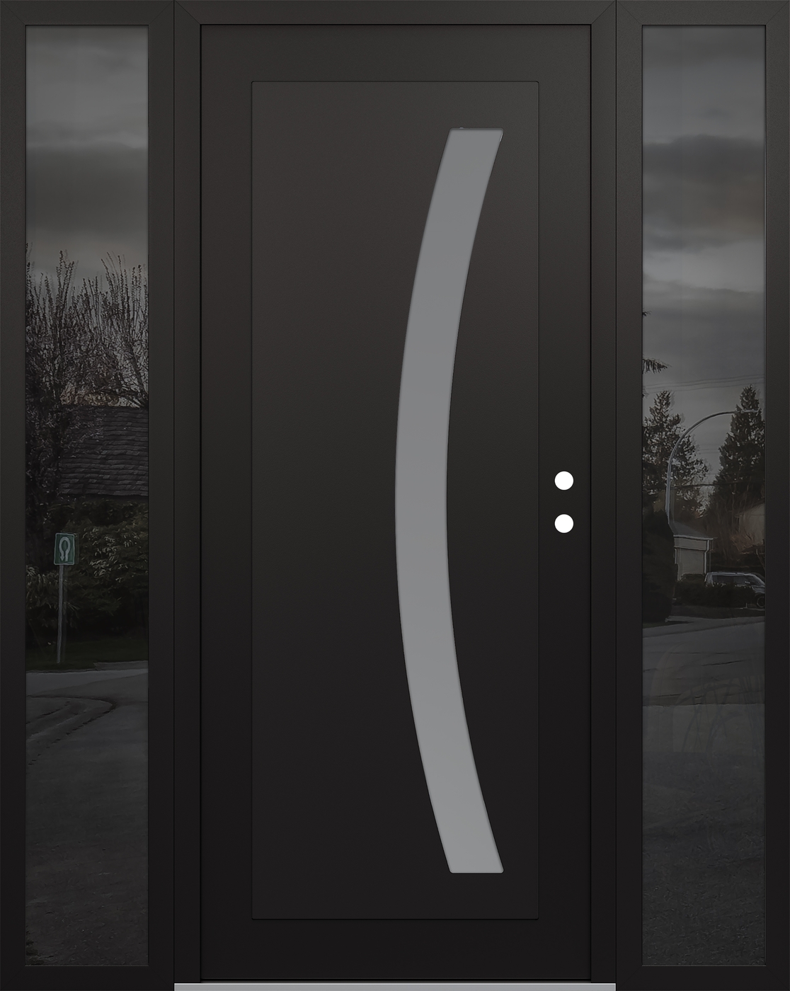 Modern Steel Front Door Diamond C4 68" x 80" black/white frosted Glass Panel black LHI with 2 Sidelites mirrored Glass