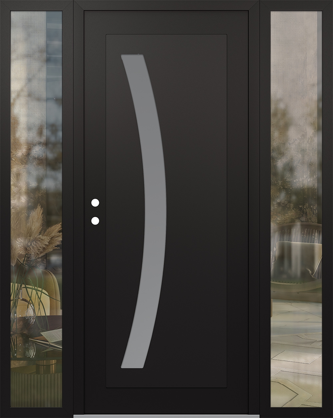 Modern Steel Front Door Diamond C4 68" x 80" black/white frosted Glass Panel black RHI with 2 Sidelites clear Glass