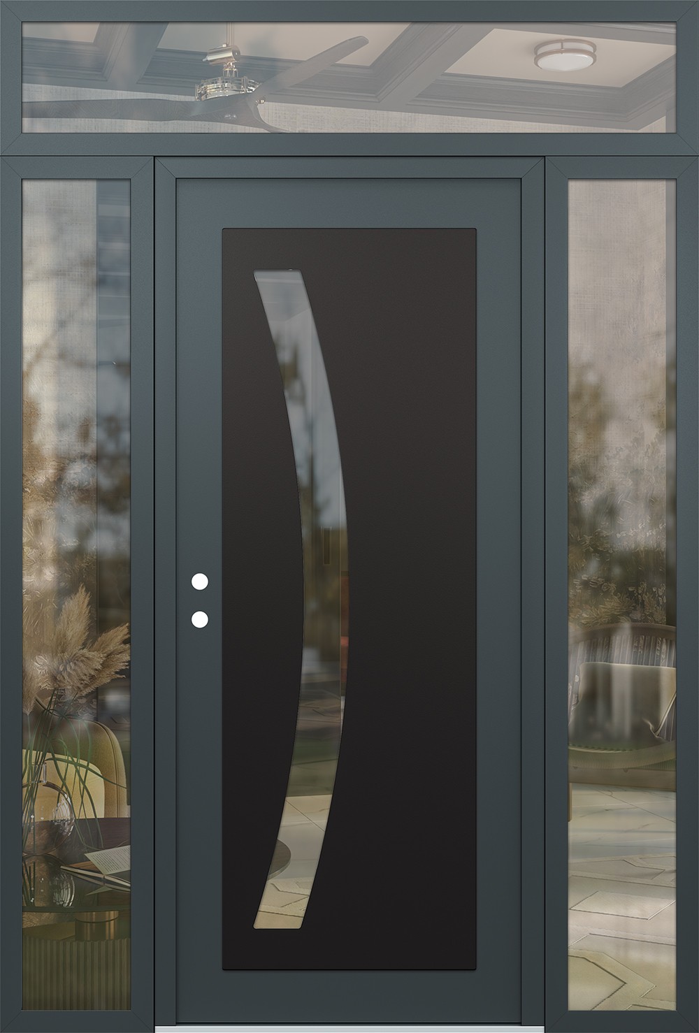 Modern Steel Front Door Diamond C4 68" x 96" anthracite/anthracite clear Glass Panel black RHI with 2 Sidelites and Transom clear Glass