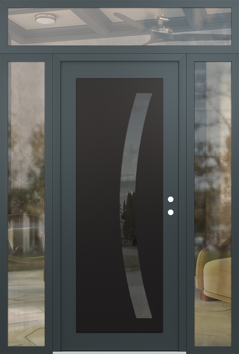 Modern Steel Front Door Diamond C4 68" x 96" anthracite/anthracite mirrored Glass Panel black LHI with 2 Sidelites and Transom clear Glass