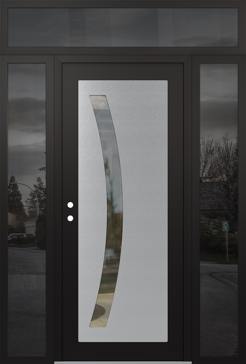 Modern Steel Front Door Diamond C4 68" x 96" black/black clear Glass Panel stainless steel RHI with 2 Sidelites and Transom mirrored Glass