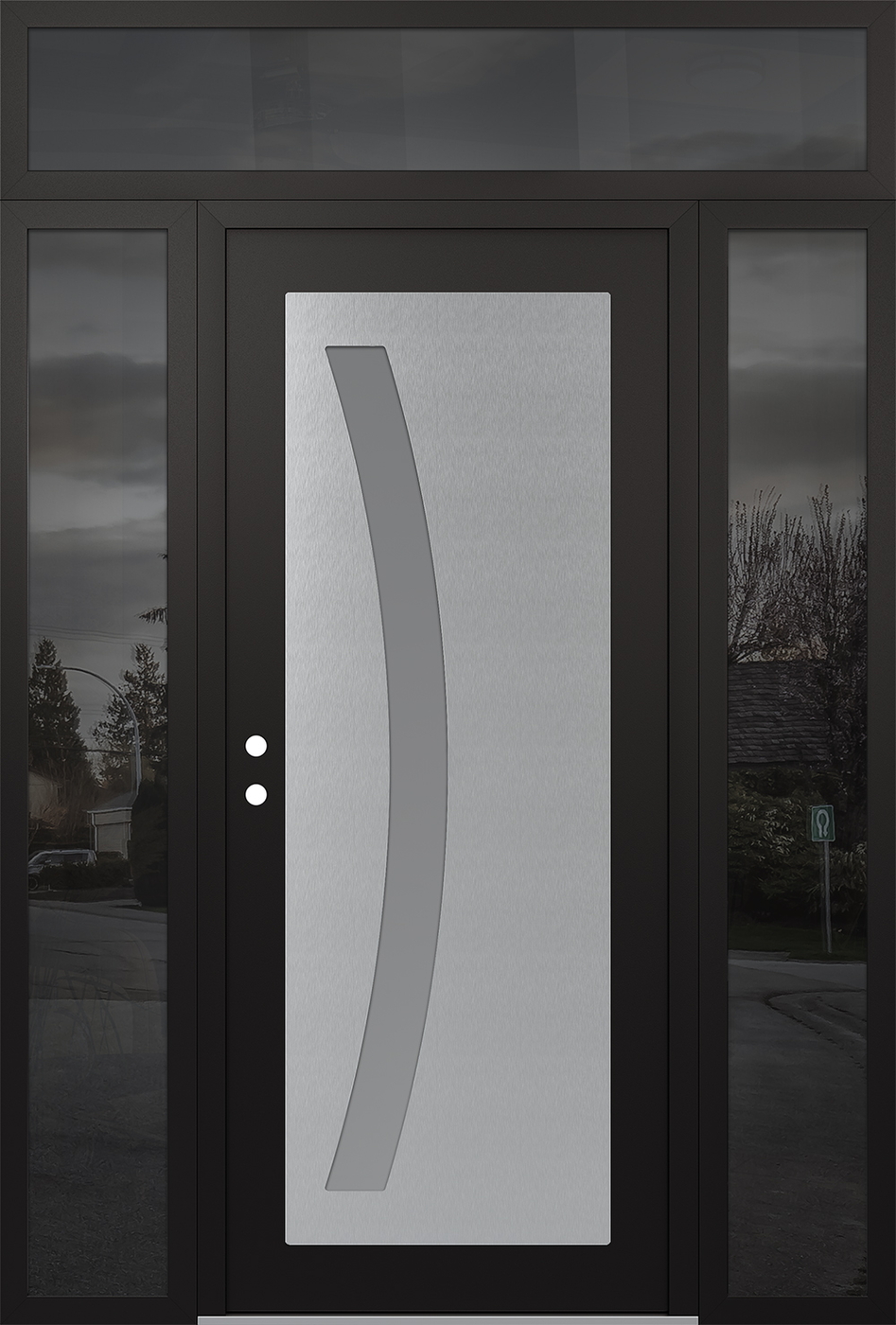 Modern Steel Front Door Diamond C4 68" x 96" black/white frosted Glass Panel stainless steel RHI with 2 Sidelites and Transom mirrored Glass