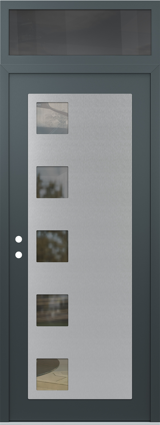 Modern Steel Front Door DIAMOND C5 36" X 96" ANTHRACITE/ANTHRACITE CLEAR GLASS PANEL STAINLESS STEEL RHI WITH TRANSOM MIRRORED GLASS