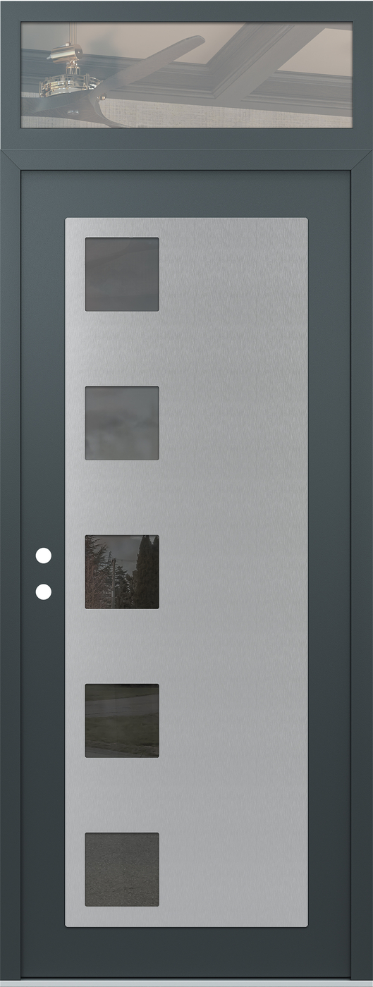 Modern Steel Front Door DIAMOND C5 36" X 96" ANTHRACITE/ANTHRACITE MIRRORED GLASS PANEL STAINLESS STEEL RHI WITH TRANSOM CLEAR GLASS