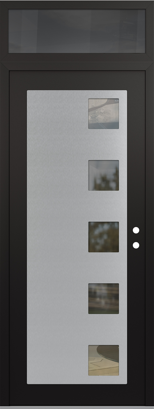 Modern Steel Front Door DIAMOND C5 36" X 96" BLACK/BLACK CLEAR GLASS PANEL STAINLESS STEEL LHI WITH TRANSOM MIRRORED GLASS