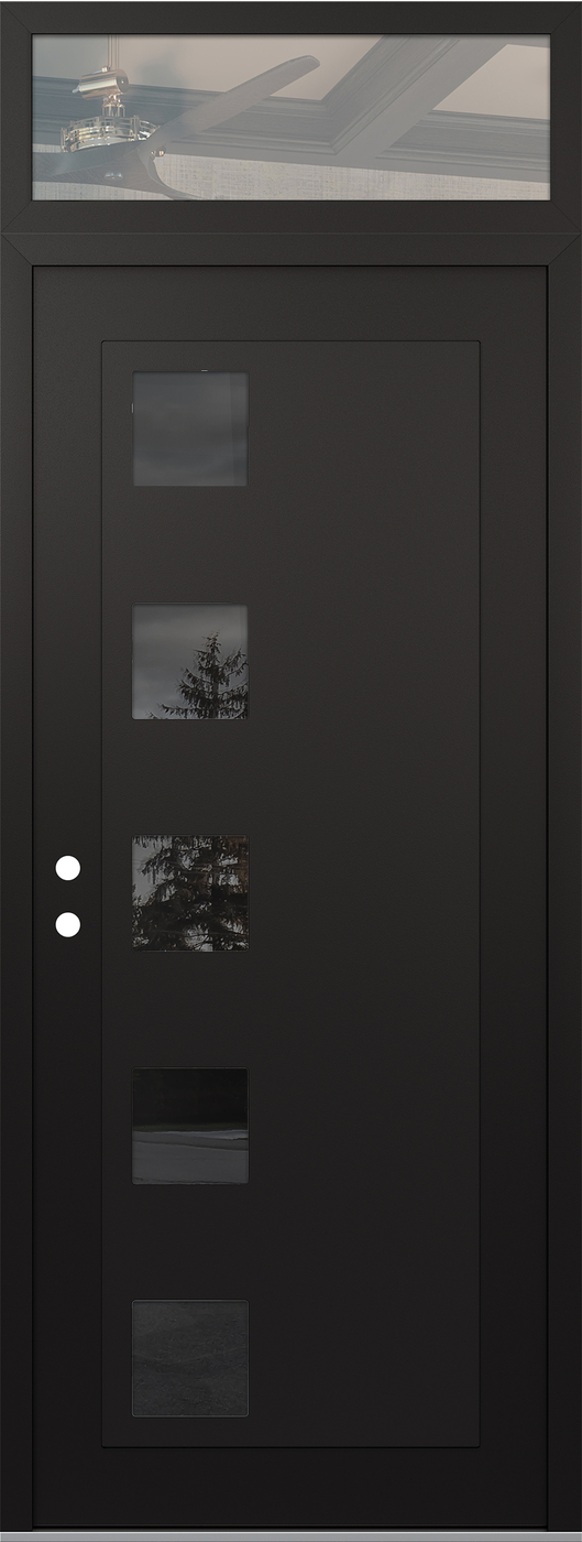Modern Steel Front Door DIAMOND C5 36" X 96" BLACK/BLACK MIRRORED GLASS PANEL BLACK RHI WITH TRANSOM CLEAR GLASS