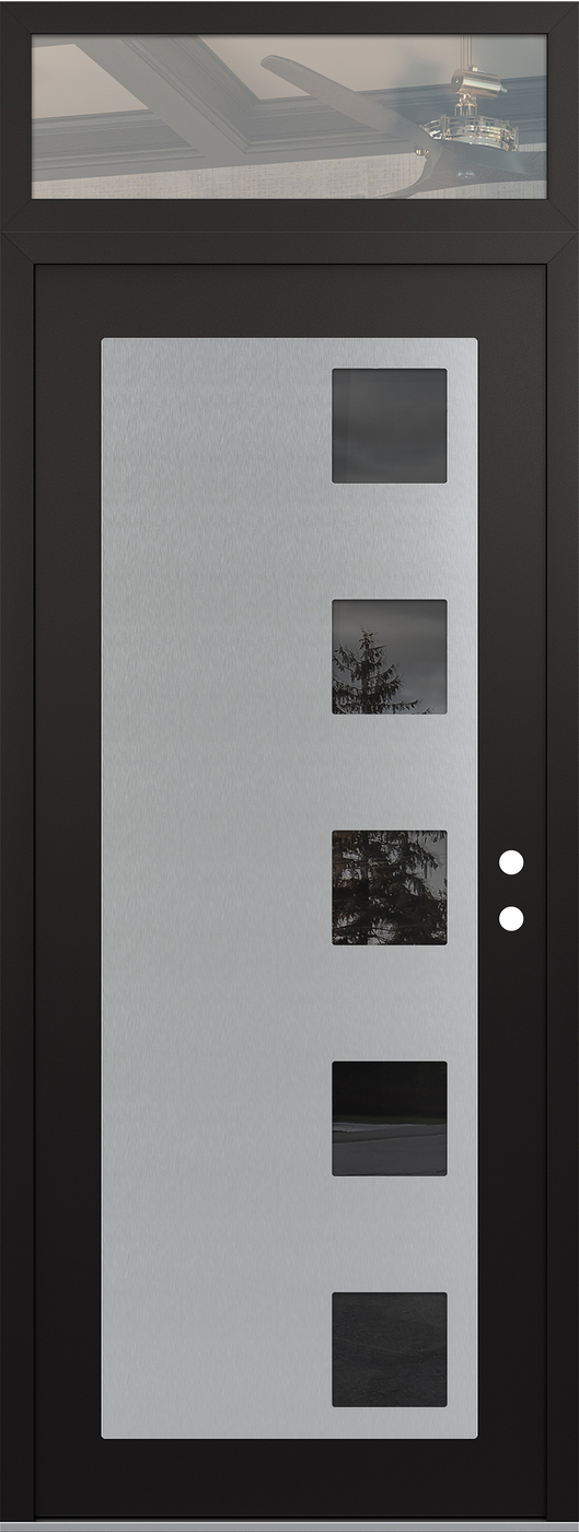 Modern Steel Front Door DIAMOND C5 36" X 96" BLACK/BLACK MIRRORED GLASS PANEL STAINLESS STEEL LHI WITH TRANSOM CLEAR GLASS