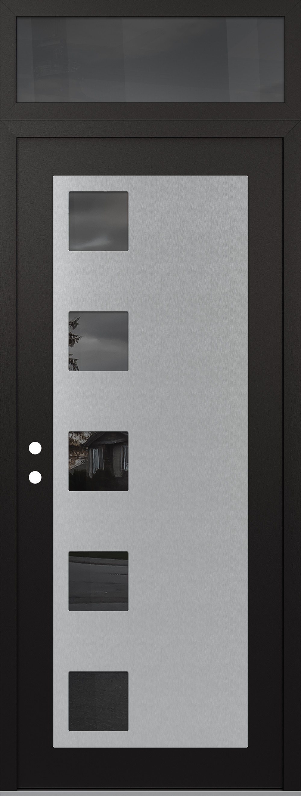 Modern Steel Front Door DIAMOND C5 36" X 96" BLACK/BLACK MIRRORED GLASS PANEL STAINLESS STEEL RHI WITH TRANSOM MIRRORED GLASS