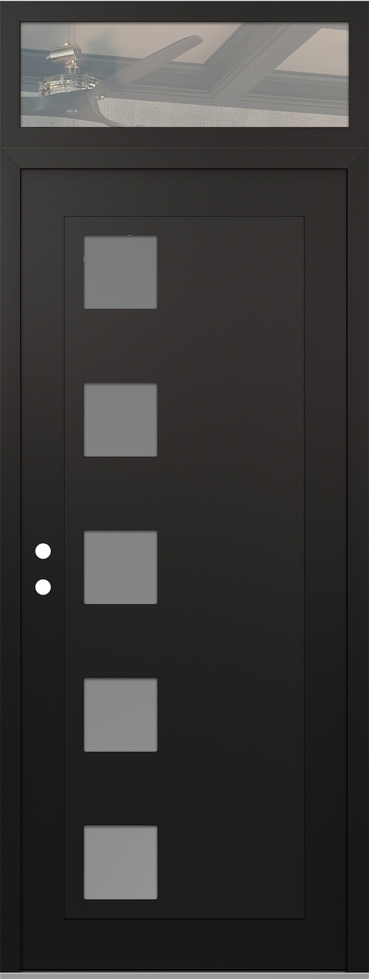 Modern Steel Front Door DIAMOND C5 36" X 96" BLACK/WHITE FROSTED GLASS PANEL BLACK RHI WITH TRANSOM CLEAR GLASS