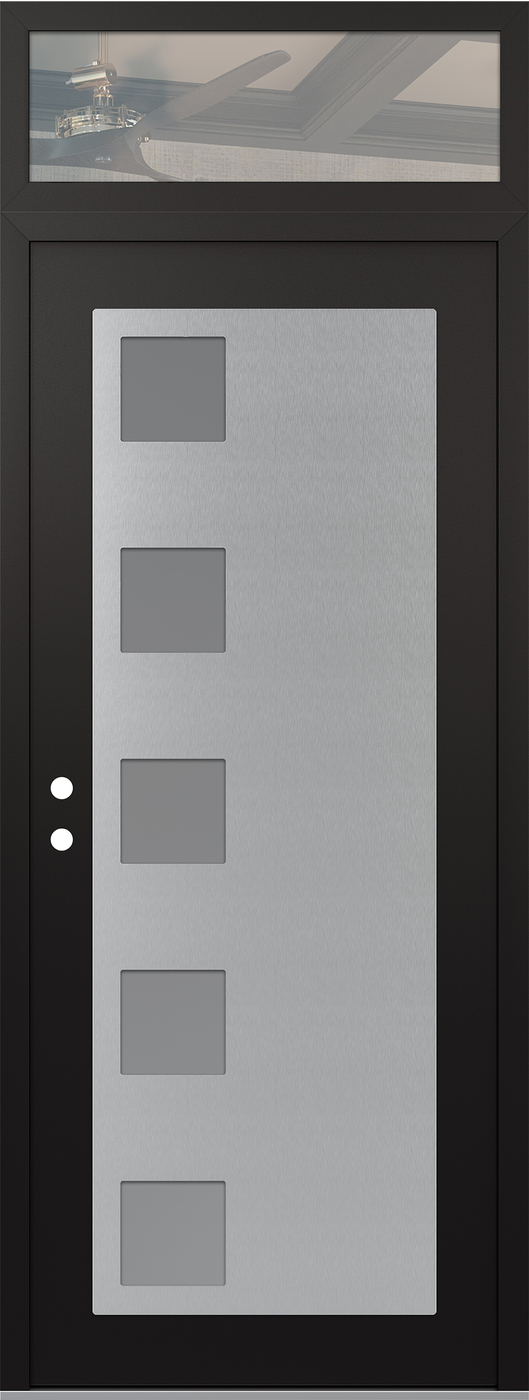Modern Steel Front Door DIAMOND C5 36" X 96" BLACK/WHITE FROSTED GLASS PANEL STAINLESS STEEL RHI WITH TRANSOM CLEAR GLASS