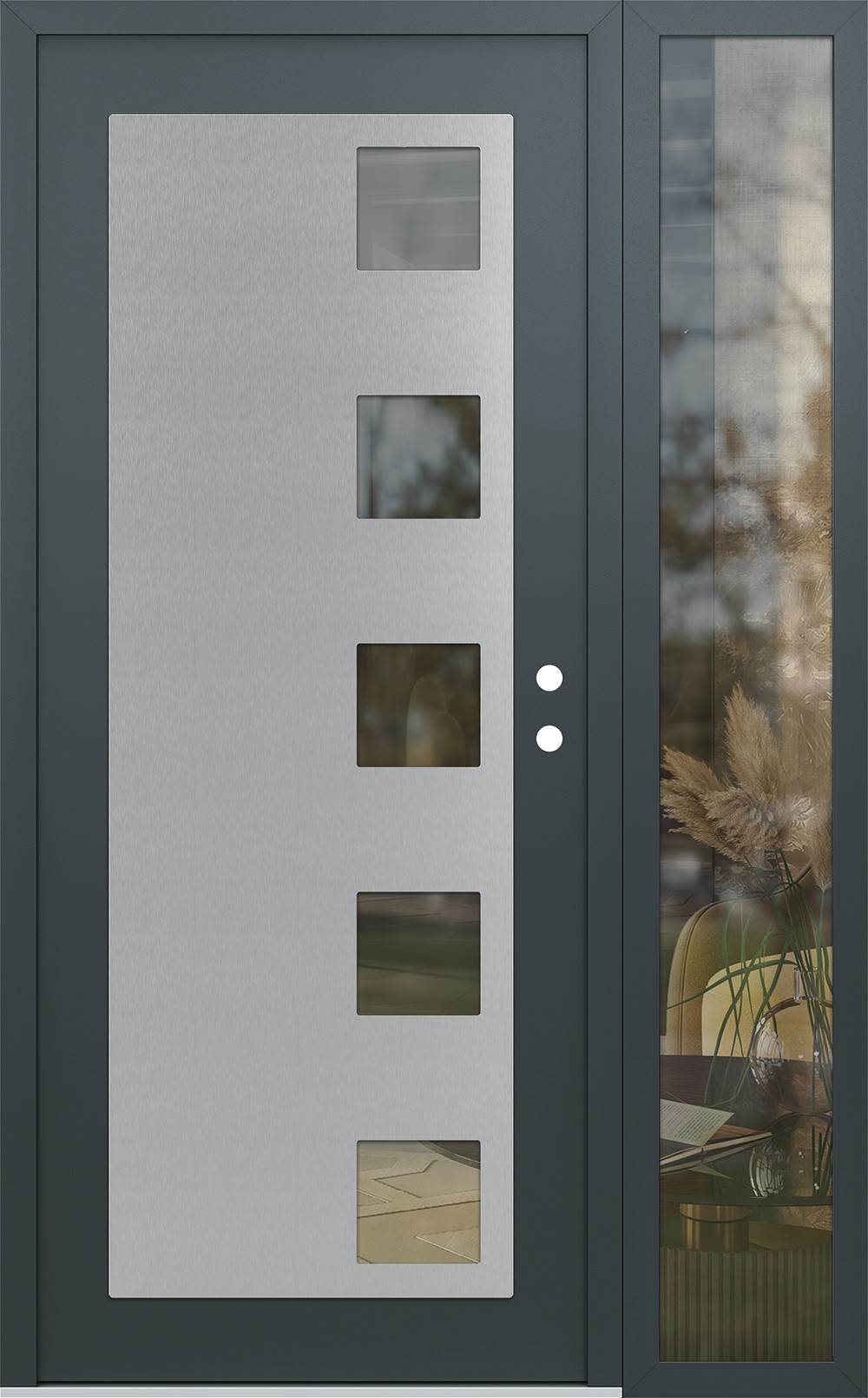 Modern Steel Front Door Diamond C5 48" x 80" anthracite/anthracite clear Glass Panel stainless steel LHI with Sidelite clear Glass