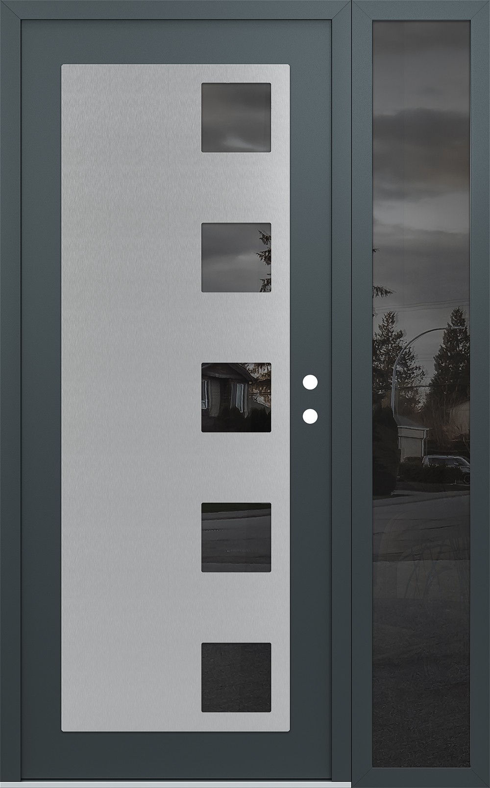 Modern Steel Front Door Diamond C5 48" x 80" anthracite/anthracite mirrored Glass Panel stainless steel LHI with Sidelite mirrored Glass