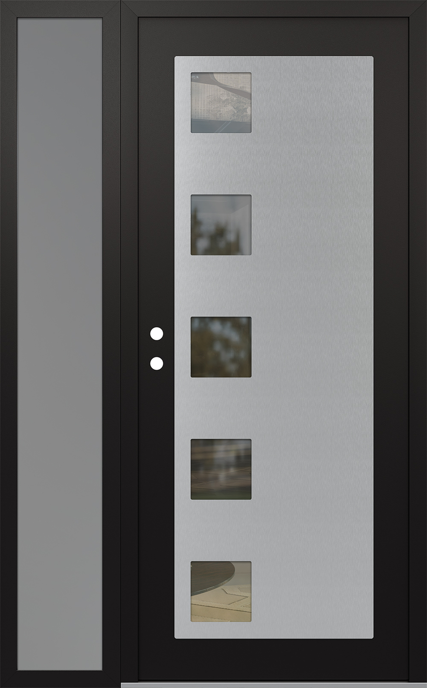 Modern Steel Front Door Diamond C5 48" x 80" black/black clear Glass Panel stainless steel RHI with Sidelite frosted Glass