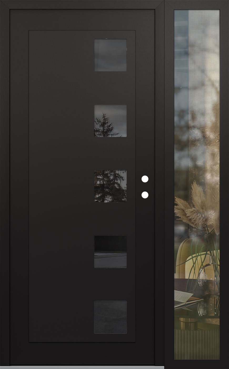 Modern Steel Front Door Diamond C5 48" x 80" black/black mirrored Glass Panel black LHI with Sidelite clear Glass