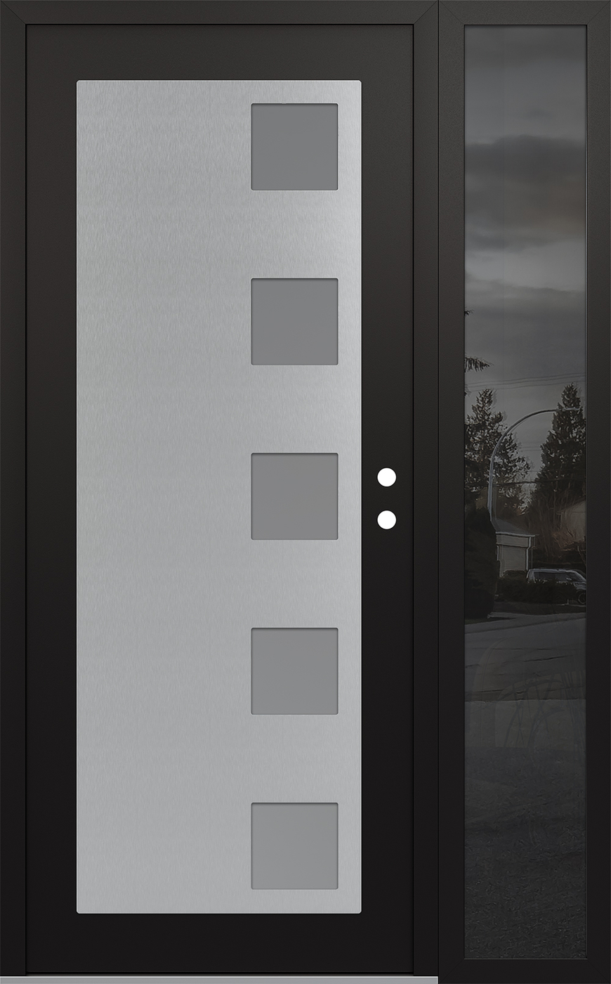 Modern Steel Front Door Diamond C5 48" x 80" black/white frosted Glass Panel stainless steel LHI with Sidelite mirrored Glass