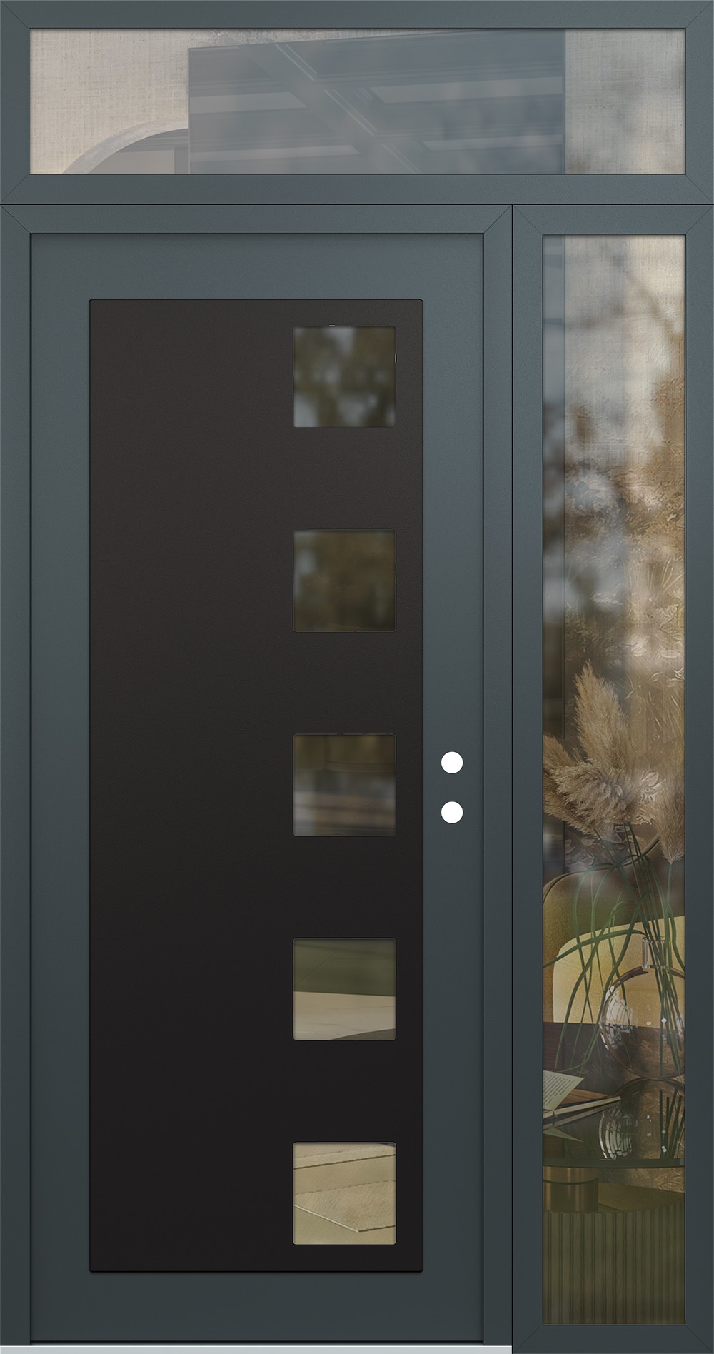 Modern Steel Front Door Diamond C5 48" x 96" anthracite/anthracite clear Glass Panel black LHI with Sidelite and Transom clear Glass