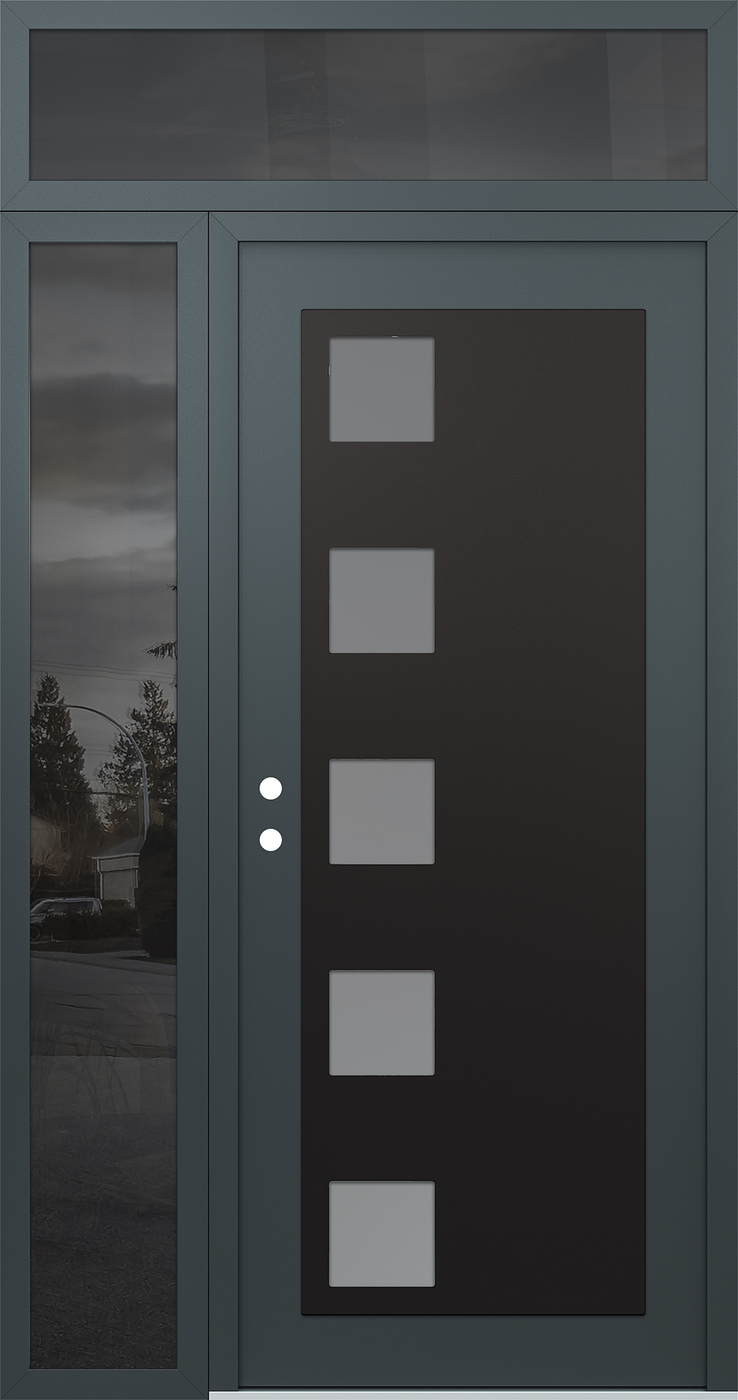 Modern Steel Front Door Diamond C5 48" x 96" anthracite/anthracite frosted Glass Panel black RHI with Sidelite and Transom mirrored Glass