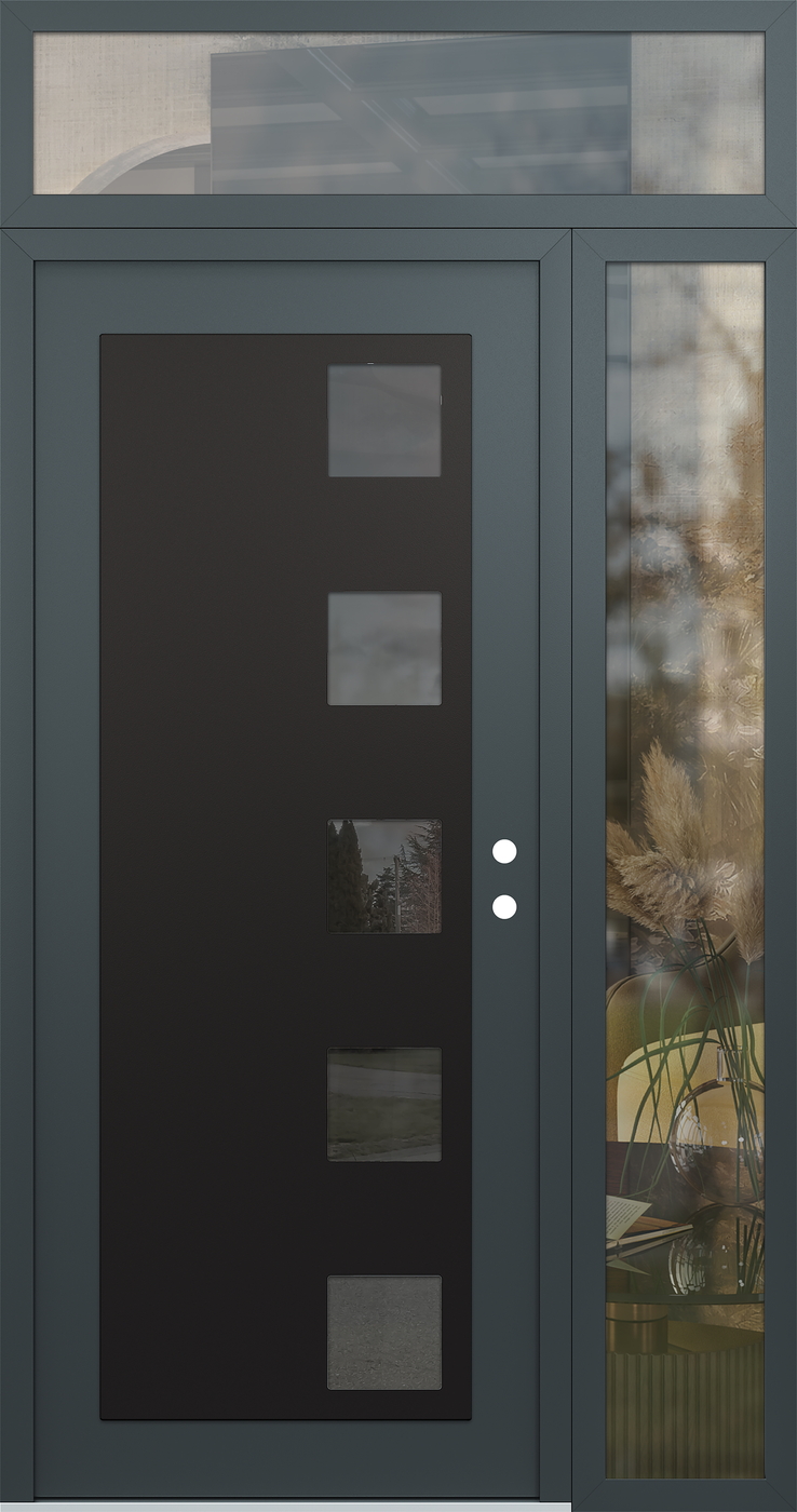 Modern Steel Front Door Diamond C5 48" x 96" anthracite/anthracite mirrored Glass Panel black LHI with Sidelite and Transom clear Glass