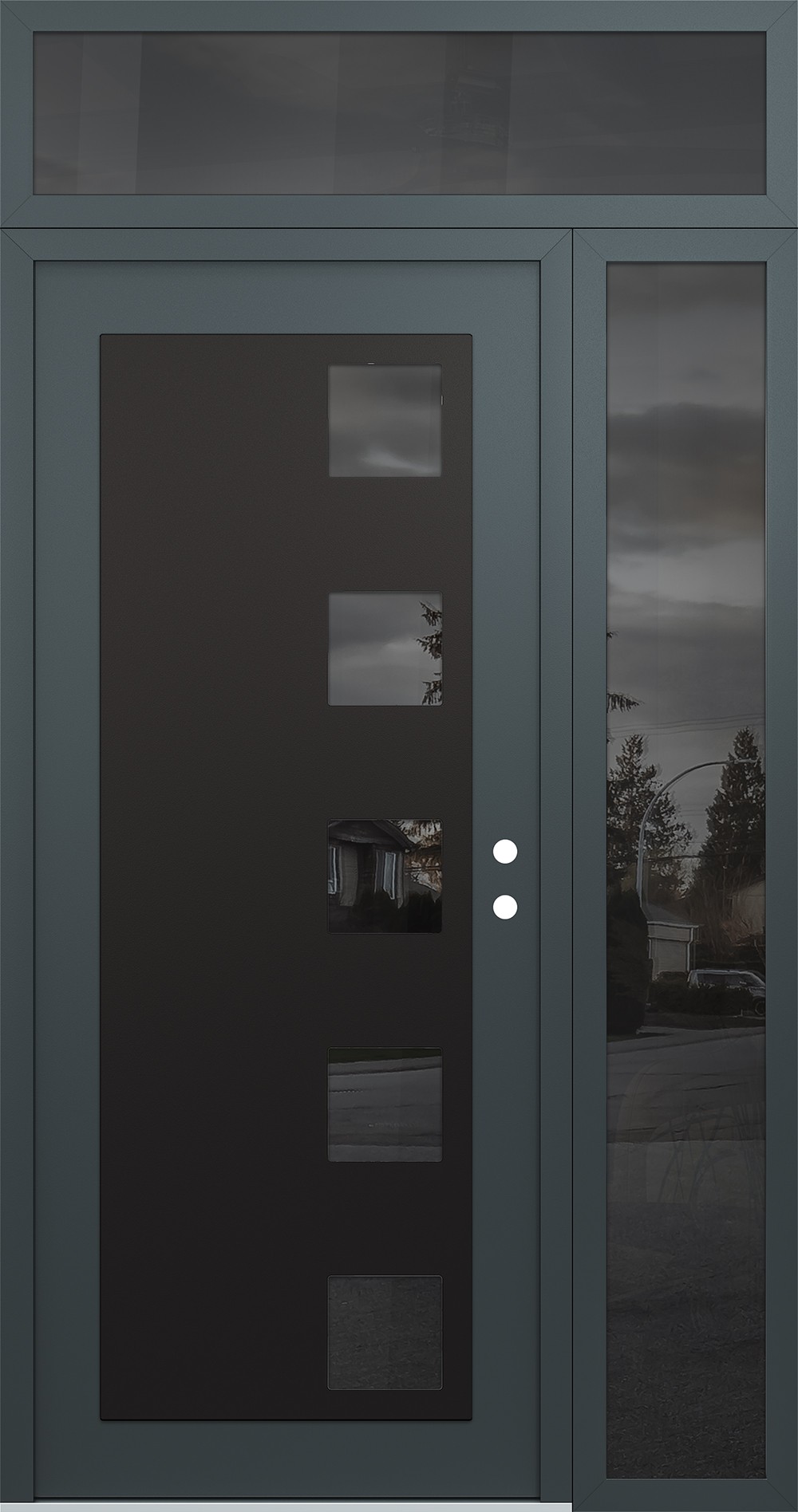 Modern Steel Front Door Diamond C5 48" x 96" anthracite/anthracite mirrored Glass Panel black LHI with Sidelite and Transom mirrored Glass