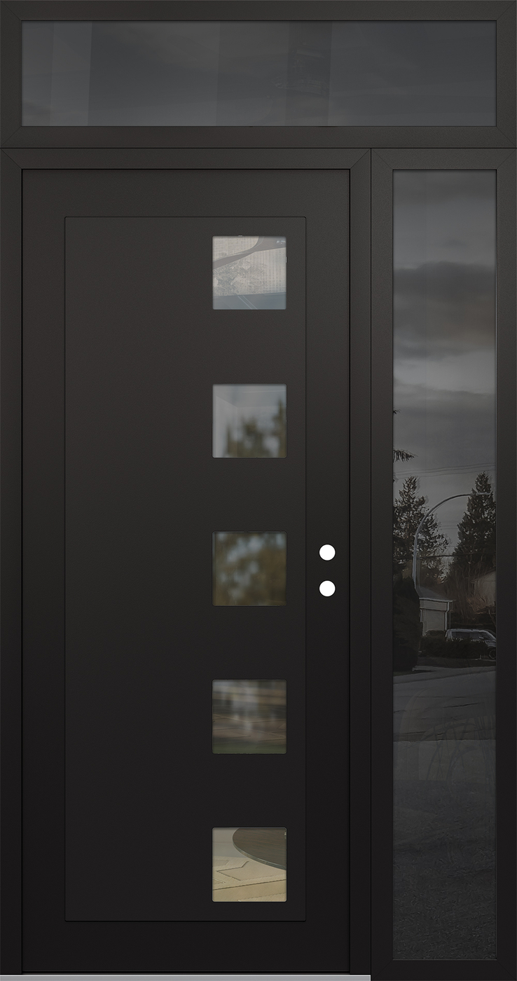 Modern Steel Front Door Diamond C5 48" x 96" black/black clear Glass Panel black LHI with Sidelite and Transom mirrored Glass