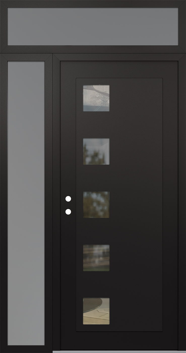 Modern Steel Front Door Diamond C5 48" x 96" black/black clear Glass Panel black RHI with Sidelite and Transom frosted Glass