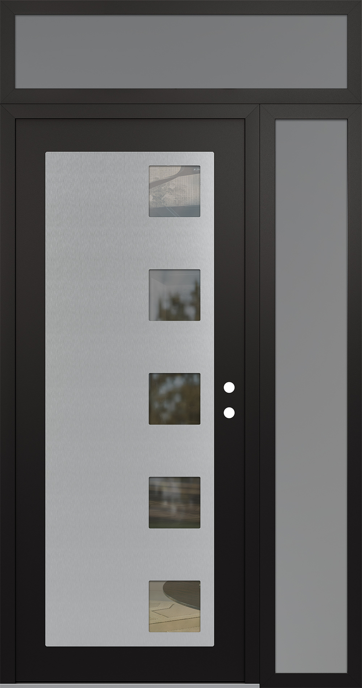 Modern Steel Front Door Diamond C5 48" x 96" black/black clear Glass Panel stainless steel LHI with Sidelite and Transom frosted Glass