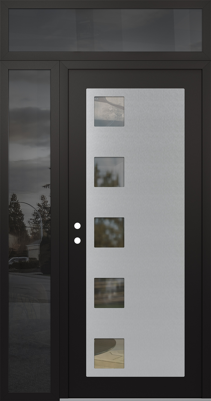 Modern Steel Front Door Diamond C5 48" x 96" black/black clear Glass Panel stainless steel RHI with Sidelite and Transom mirrored Glass