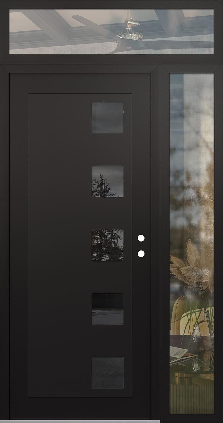 Modern Steel Front Door Diamond C5 48" x 96" black/black mirrored Glass Panel black LHI with Sidelite and Transom clear Glass