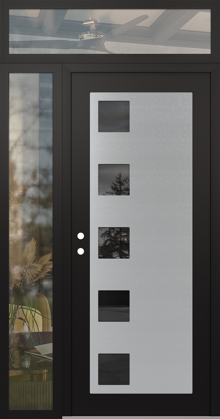 Modern Steel Front Door Diamond C5 48" x 96" black/black mirrored Glass Panel stainless steel RHI with Sidelite and Transom clear Glass