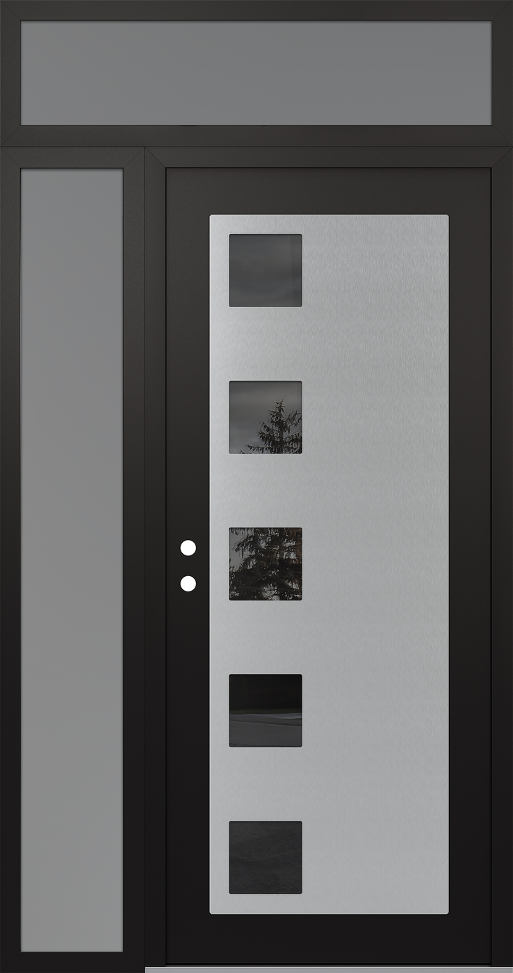 Modern Steel Front Door Diamond C5 48" x 96" black/black mirrored Glass Panel stainless steel RHI with Sidelite and Transom frosted Glass