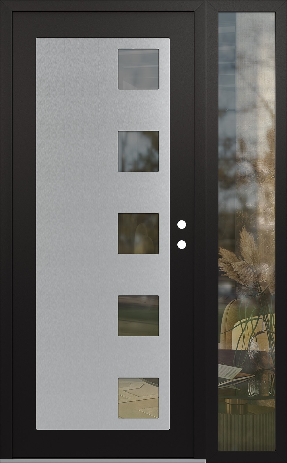 Modern Steel Front Door Diamond C5 50" x 80" black/black clear Glass Panel stainless steel LHI with Sidelite clear Glass