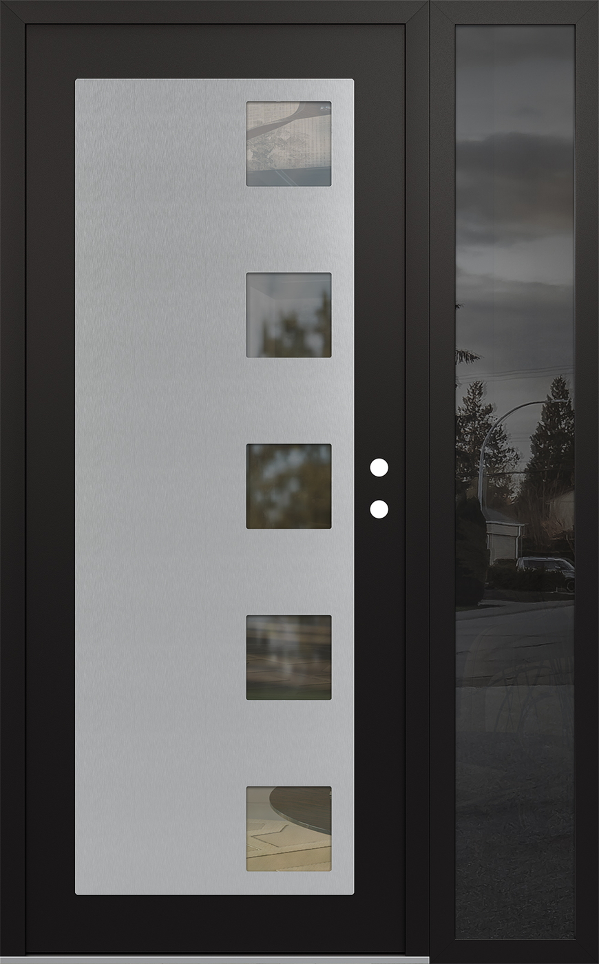 Modern Steel Front Door Diamond C5 50" x 80" black/black clear Glass Panel stainless steel LHI with Sidelite mirrored Glass