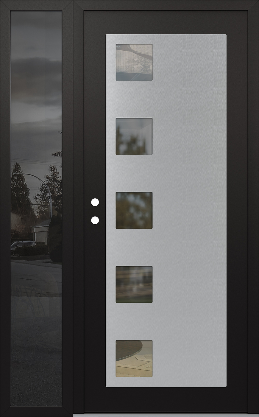 Modern Steel Front Door Diamond C5 50" x 80" black/black clear Glass Panel stainless steel RHI with Sidelite mirrored Glass