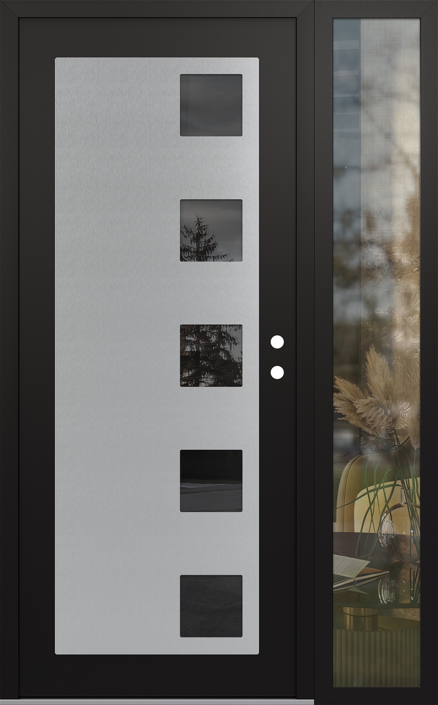 Modern Steel Front Door Diamond C5 50" x 80" black/black mirrored Glass Panel stainless steel LHI with Sidelite clear Glass