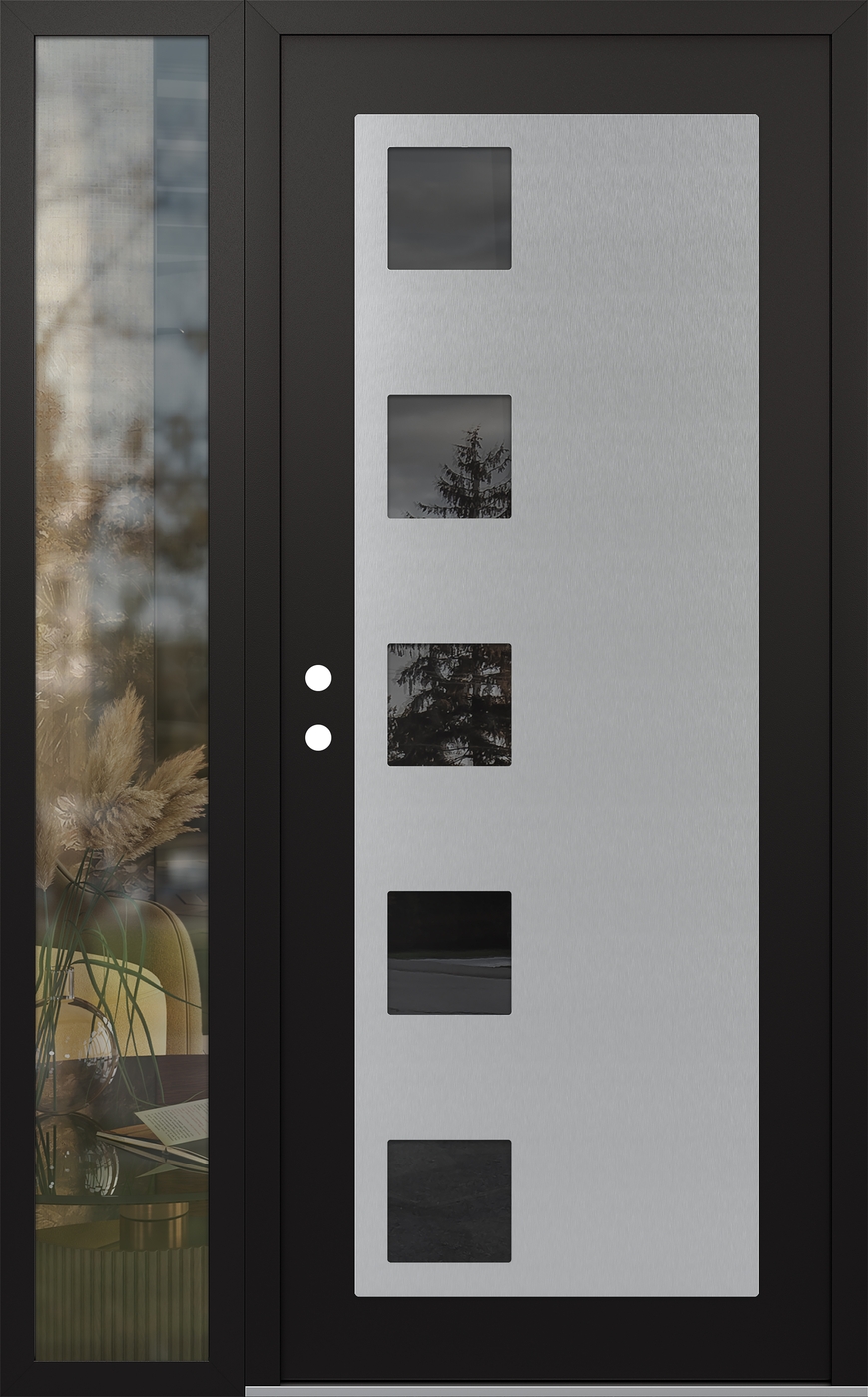 Modern Steel Front Door Diamond C5 50" x 80" black/black mirrored Glass Panel stainless steel RHI with Sidelite clear Glass